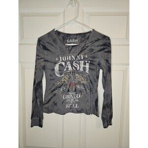 Johnny Cash Long Sleeve T-shirt Tshirt Womens S Small Gray Tie Dye